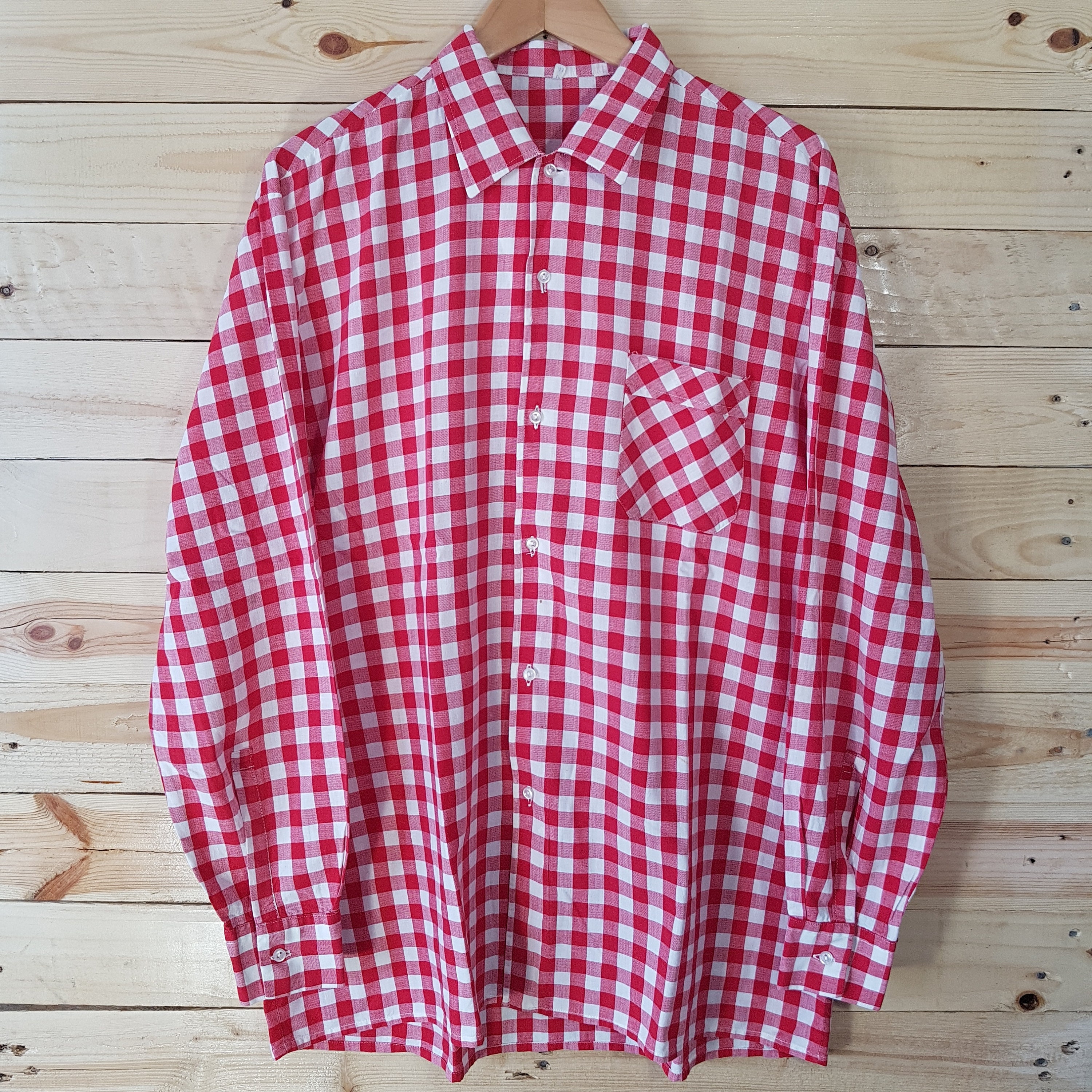 Image of Vintage Mens 1970S Red & White Gingham Check Shirt - Large Plaid/Lumberjack -Quality Menswear