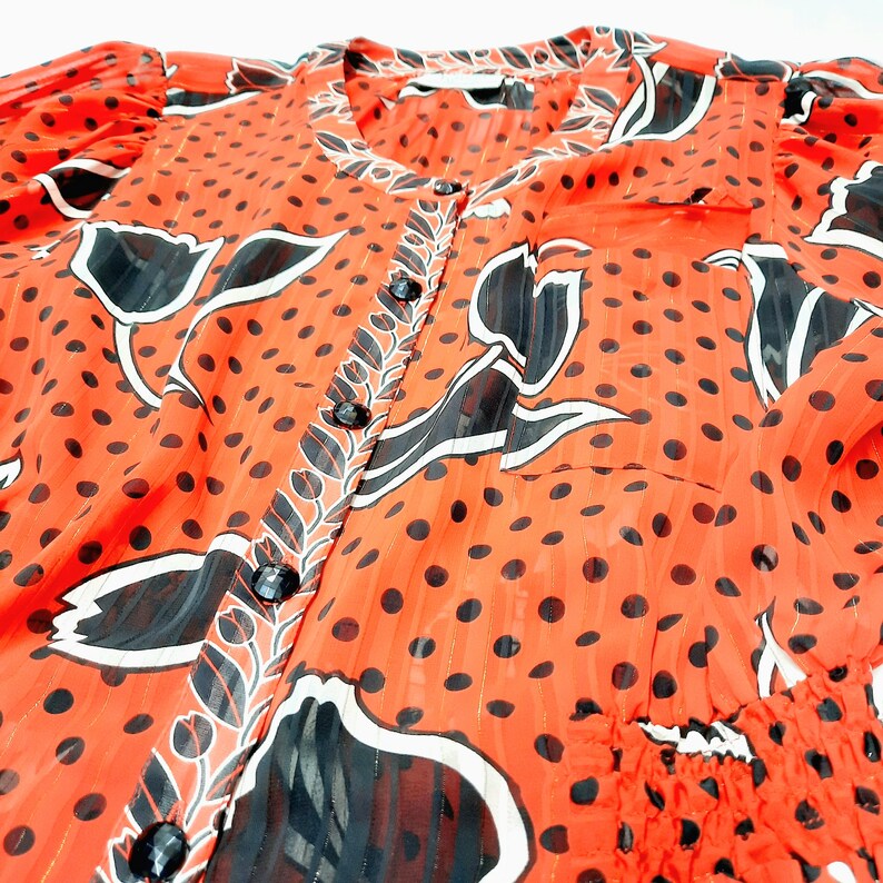 Bold Floral Polka Dot 1980s Red /& Black Print Peplum Blouse *SIZE 10-12*