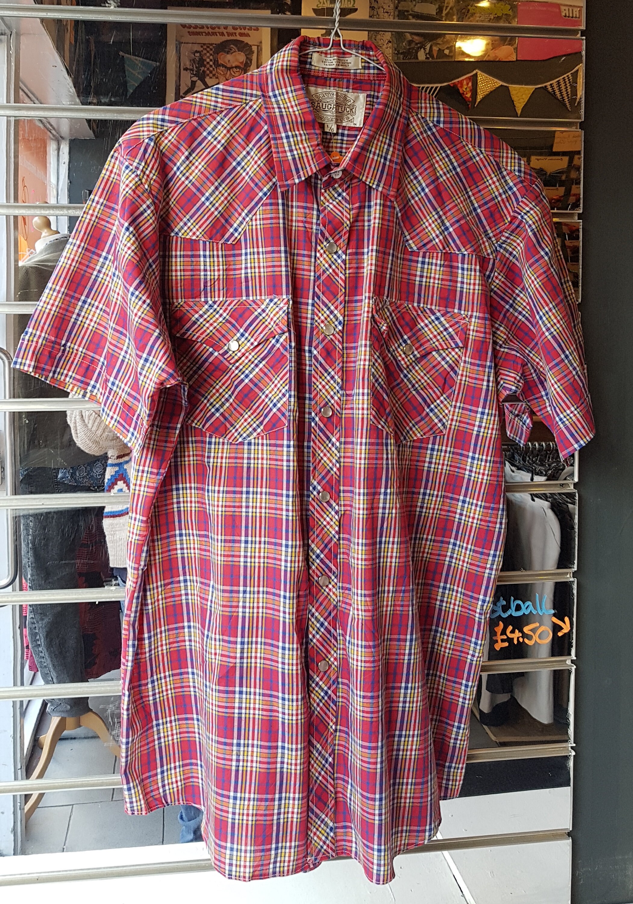 Image of Vintage Mens Red Plaid Saugutuck Check Western Shirt with Short Sleeves- Large - Ranch Wear/Cowboy Work -Quality Retro Menswear