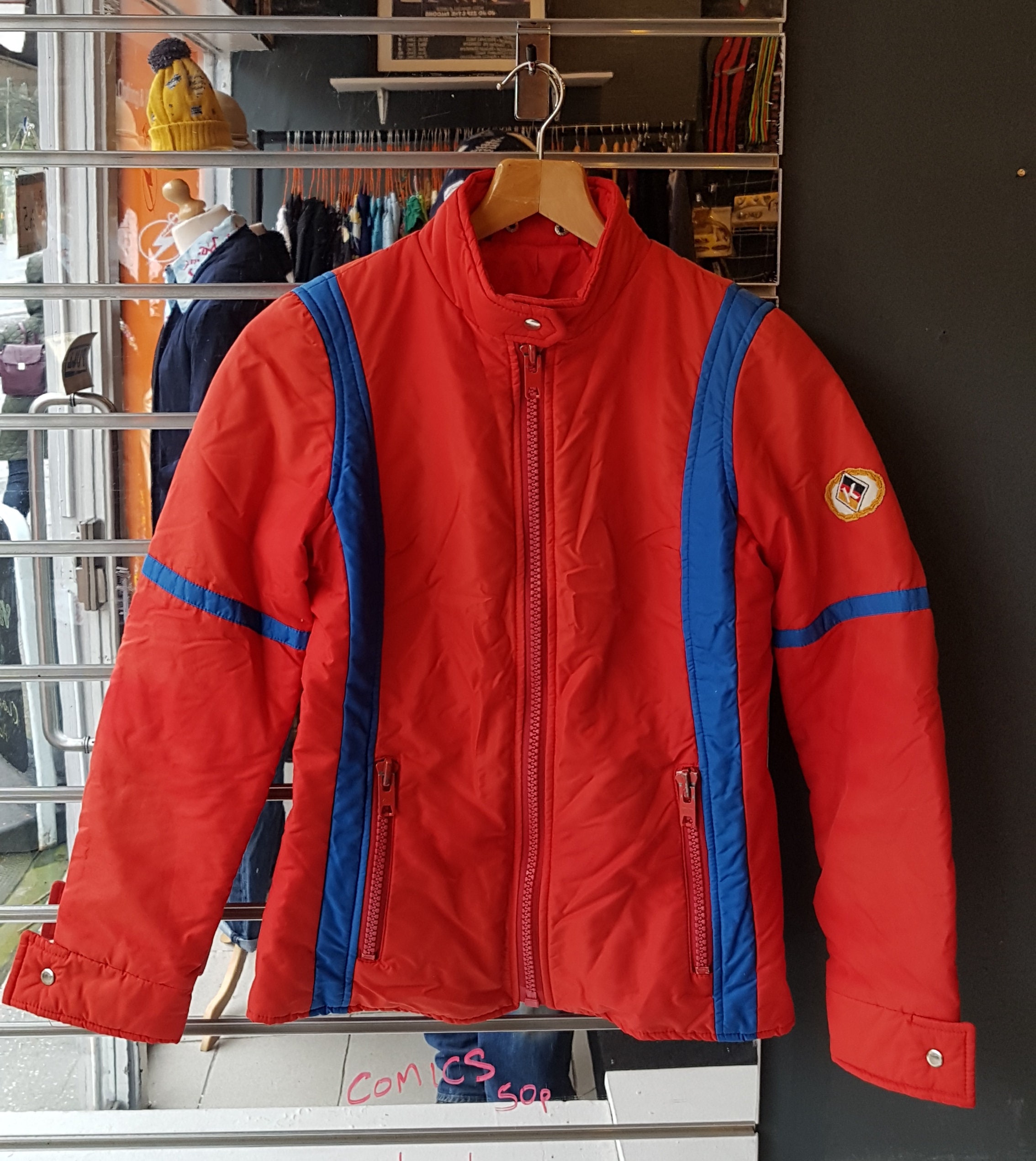 Image of S Vintage Womens Red & Blue Striped Padded Ski Jacket Size  Winter Sports/Snowboard -Quality Retro Fashion