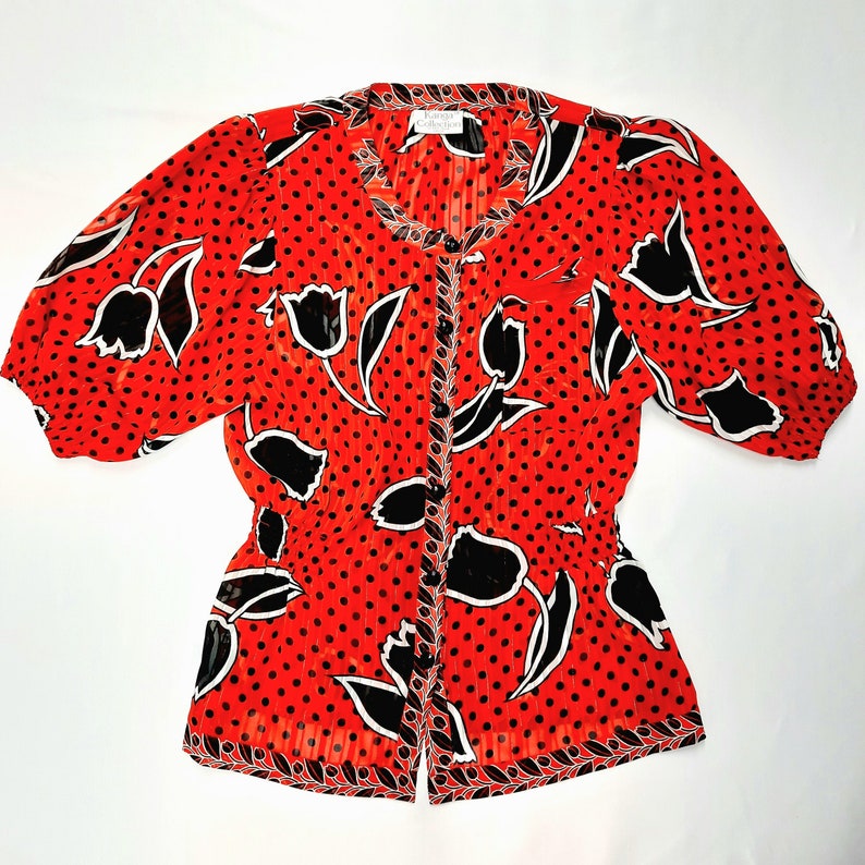 Bold Floral Polka Dot 1980s Red /& Black Print Peplum Blouse *SIZE 10-12*