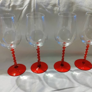 Set of 4 Ruby Red TWIST ART Stem Hand Blown Wine Glasses.