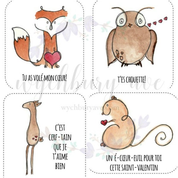 Imprimable French Valentines / French Valentines Download / Cartes St-Valentin / Cartes Saint-Valentin / Animal Valentines by Wychbury Ave