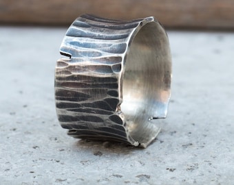 Oxidized Hammered Sterling Silver Ring - Rustic Wide Band