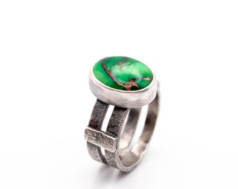 Turquoise rings for women Green Copper Mohave sterling, Handmade artisan jewelry