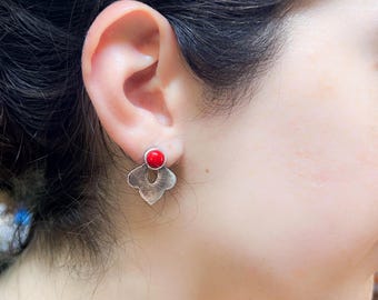 Sterling Silver Tribal Stud Earrings with Round Coral, Oxidized Handmade Earrings