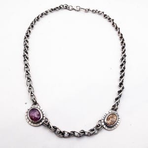 Heavy silver Link necklace, Chain necklace with Sapphire, Silver chain statement crystal necklace, Handmade link thick silver chain with gem