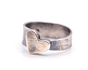 Textured Sterling Silver Heart Ring – Handmade Band with Oxidized Finish, Rustic Boho Love Ring