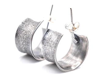 Textured Oxidized Hoop Earrings, Wide small Boho sterling silver hoops