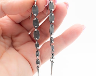 Handmade Oxidized Sterling Silver Dangle Earrings: Long Chain Statement Jewelry