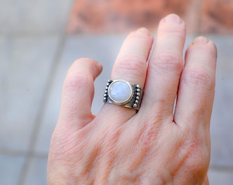 Natural Moonstone Ring 925 Sterling Silver, Round 13mm Gemstone Ring, Oxidized Boho Statement Ring for Women