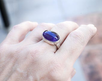Natural Oval Amethyst 925 Sterling Silver Gemstone Statement Jewelry, One of a Kind, EU 59