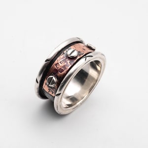 Sterling Silver and Copper Ring for Men - 12mm Band - Rustic Oxidized Finish - Hand Textured - Unisex Ring - Alternative Wedding Band