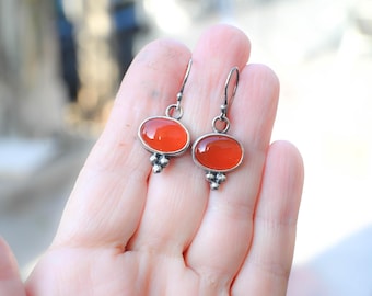 Carnelian Silver Earrings, Oval Gemstone Dangle Earrings, Oxidized Sterling 925, Handmade Boho Jewelry