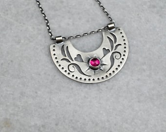 925 Sterling Silver Ruby Necklace, Dark Oxidized Openwork Silver Jewelry, Red Stone Pendant Handmade