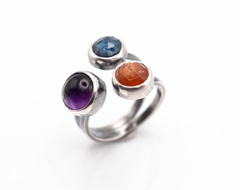 Sterling Silver Ring with Sunstone, Kyanite, and Amethyst – Oxidized Double Band Ring