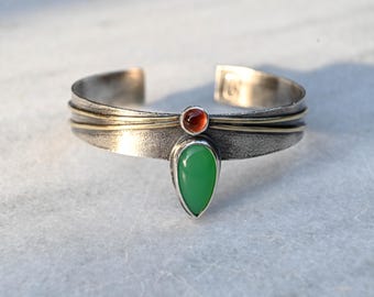Handmade Silver Cuff Bracelet Chrysoprase Hessonite Garnet, Open Bangle Sterling 925, Boho Statement Jewelry