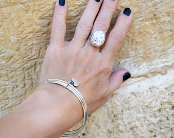 Sterling Silver Baroque Pearl Statement Band, Handmade Pink Iridescent Freshwater Jewelry