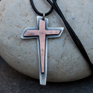 Mens cross, Cross pendant, Silver cross, Rustic mens cross, Mixed metal cross, Christian cross, Religious jewelry, Handmade silver cross