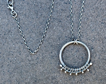 Handmade Oxidized Sterling Silver Circle Necklace, Minimalist Artisan Jewelry for Her