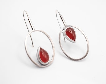 Sterling Silver dangle Earrings -  Red Onyx - Boho artisan jewelry for women