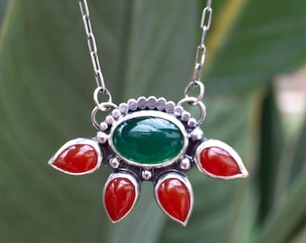 Red  and  Green Onyx Sterling Silver Necklace – Handmade Oxidized Pendant