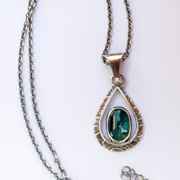Green Kyanite handmade sterling silver necklace pendant, Natural green Kyanite, Oxidized metalsmith, Kyanite jewelry, Sterling silver 925
