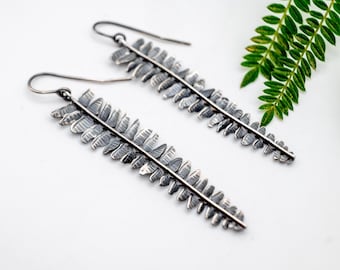 Handmade Sterling Silver Long Fern Earrings: Nature-Inspired Dangle Jewelry