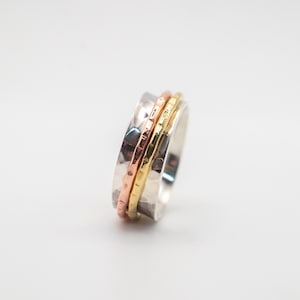 Sterling Silver Spinner Ring: Hammered Copper & Brass Fidget Ring