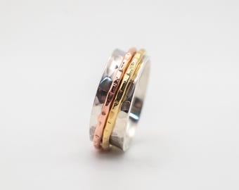 Sterling Silver Spinner Ring, Hammered Mixed Metal Fidget Ring, Anxiety Gift