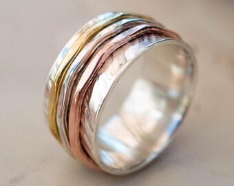 Three tone ring - Mixed metal silver ring