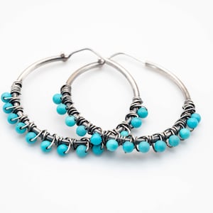 Turquoise earrings, Hoop earrings, Sterling silver earrings, 40mm silver Hoop earrings, Turquoise jewelry, Blue stone earrings, Silver hoops