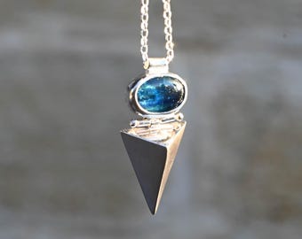 Blue Kyanite Silver Necklace Pyramid | Sterling Silver 925 | Handmade Gemstone Pendant