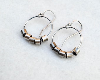 Oxidized Sterling Silver Hoop Earrings with Moving Beads, Minimal Lightweight Dangles
