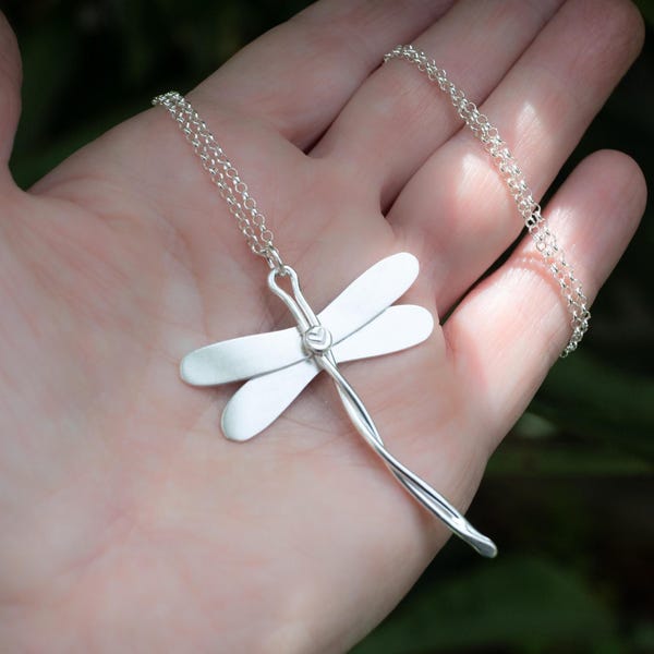 Handmade Sterling Silver Dragonfly Necklace: Nature Insect Jewelry
