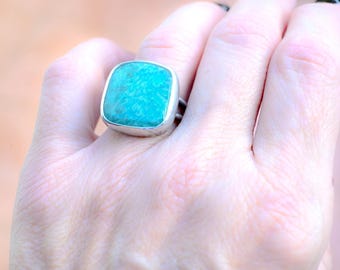 Sterling Silver Square Amazonite Ring with Oxidized Finish, Size 7.5 US