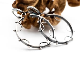 Handmade Oxidized Sterling Silver Dangle Earrings: Modern Round Design