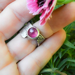 Sterling Silver Ruby Ring Oxidized Wide Band Asymmetric Handmade