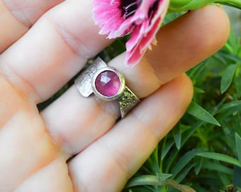 Sterling Silver Ruby Ring Oxidized Wide Band Asymmetric Handmade