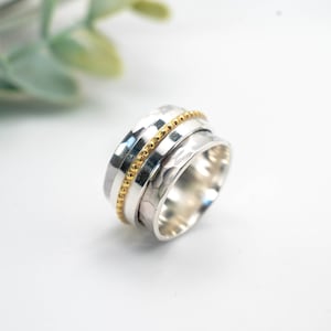 Silver with Gold spinner ring, Mixed metal rings for women, Sterling silver spinner band ring, Silver gold fidget ring, Two tone spinners