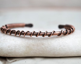 Men's Oxidized Copper Cuff, Wire Wrapped Rustic Patina Bracelet
