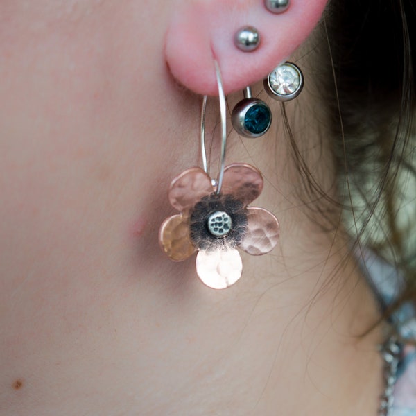 Flower earrings - Copper earrings - Mixed metal earrings