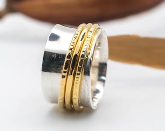 Anello girevole in argento sterling con fascia antistress in ottone: fatto a mano