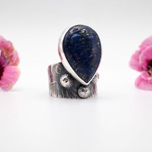 Adjustable Lapis Lazuli Ring, Sterling Silver Handmade, Size US 9.5,  Unique Gemstone Jewelry, Boho Artisan, Gift for women, Blue stone ring