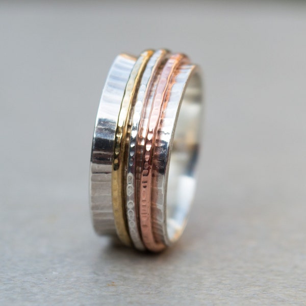 Handmade mixed metal spinner ring - Sterling silver anxiety ring - Elegant rotate sterling silver ring - Hammered silver band ring - Spinner