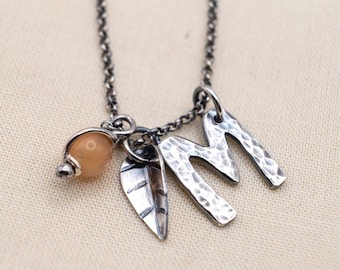 Sterling Silver Necklace M Initial, Moonstone Leaf Charm Necklace, Mother Symbol Jewelry