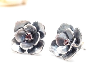Oxidized Sterling Floral Stud Earrings - Minimal Artisan Jewelry