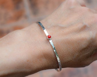 Coral sterling bangle Bracelet, Hammered silver womens bangle, Handmade unique minimal jewelry