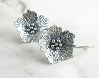 Oxidized Sterling Silver Flower Earrings: Hand-Hammered Floral Jewelry