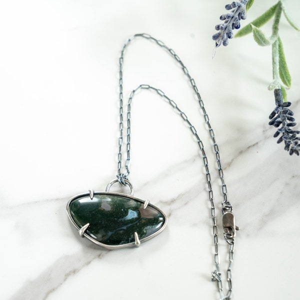 Moss Agate Necklace - Handmade silver necklace